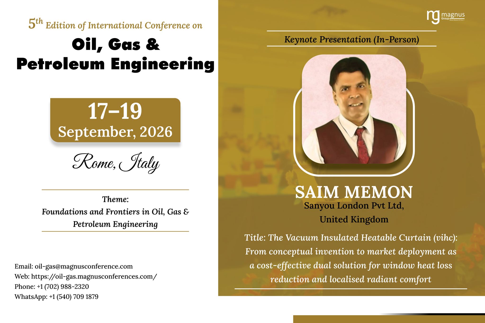 Keynote Speaker Rome Italy Vacuum Heatable Curtain Comfort, GOPE 2026 Dr Saim Memon