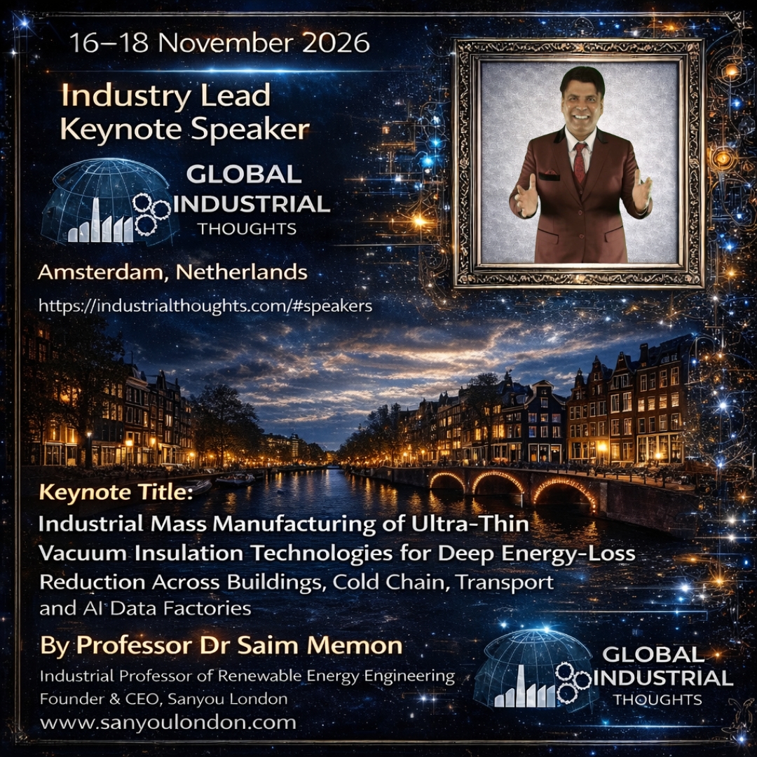 Industry Lead Keynote Speaker from Sanyou London in Amsterdam Netherlands on Mass Manufacturing Vacuum Insulation, Industrial Thoughts by Professor Saim Memon