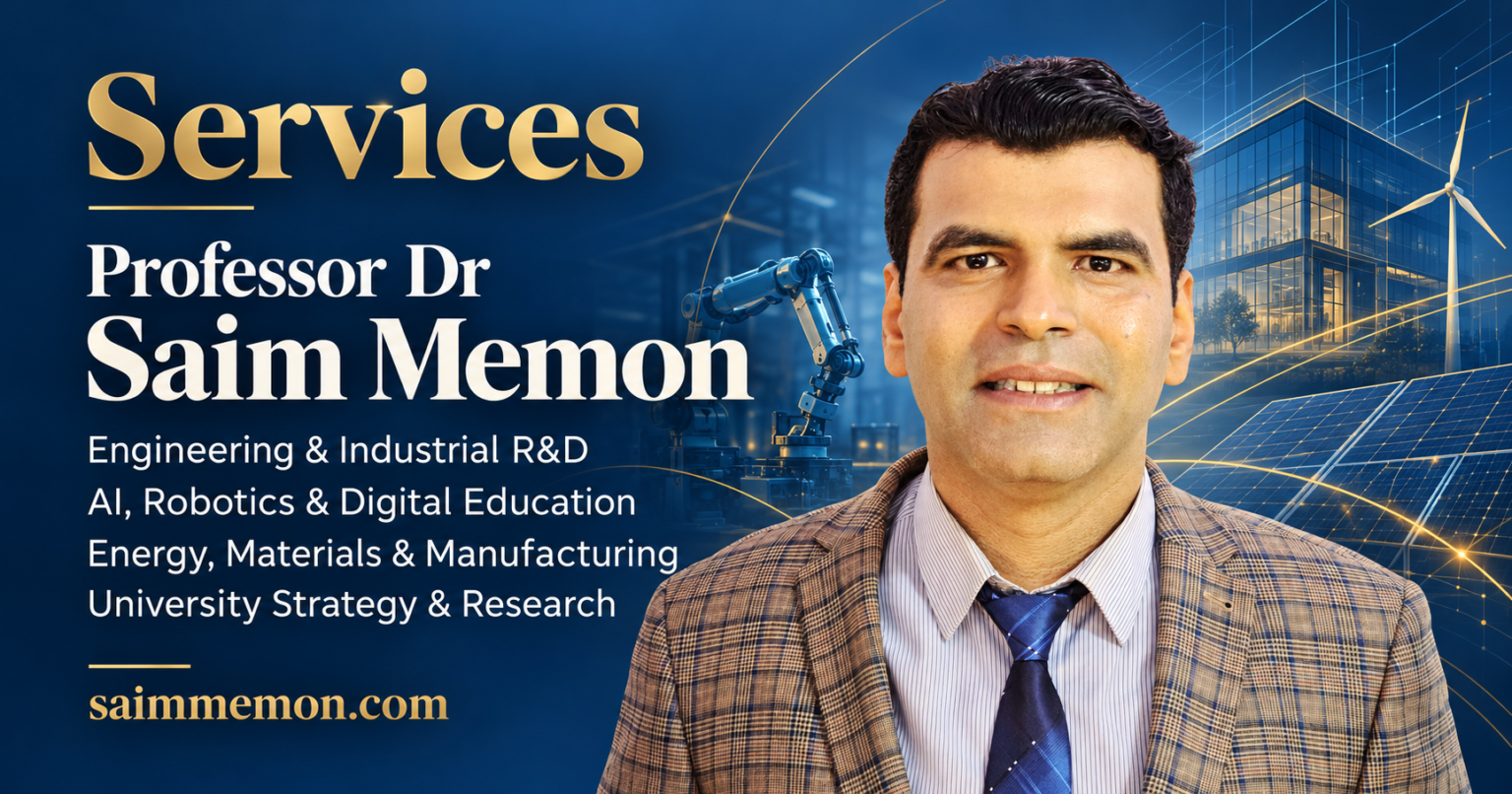 Professor Dr Saim Memon alongside his engineering, industrial R&D, AI, energy and university consultancy services.